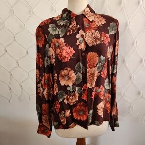 Jones New York Country Floral Button-Up Blouse • 100% Silk • Size 12